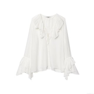 Women's Ruffle V Neck Blouse Polyester Peach Skin Crepe Tie Front Loose Flare Sleeve Shirt Vintage French Style Solid White Top For Women