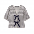 Women's Navy White Striped V-Neck Puff Sleeve Blouse Sweet Short Sleeve Top With Bow Tie Front Seersucker Polyester Shirt For Daily Casual Vacation