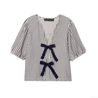 Women's Navy White Striped V-Neck Puff Sleeve Blouse Sweet Short Sleeve Top With Bow Tie Front Seersucker Polyester Shirt For Daily Casual Vacation