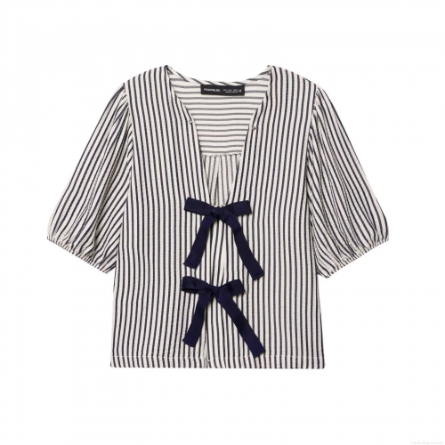 Women's Navy White Striped V-Neck Puff Sleeve Blouse Sweet Short Sleeve Top With Bow Tie Front Seersucker Polyester Shirt For Daily Casual Vacation