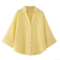 Women's Elegant V-Neck Cotton Blouse Shirt Casual Solid Color Button Down Half Sleeve Top For Office Work Daily Wear Breathable Fashion Comfortable Blouse