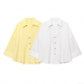 Women's Loose Oversize Blouse Linen Blend Button Down Shirt 3/4 Sleeve Solid Color Tops For Summer Casual Office Lady Fashion