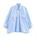 Blue White Striped Long Sleeve Satin Shirt Women Oversized Loose Fit Office Blouse With Dual Pockets Single Breasted Casual Spring Fashion Top