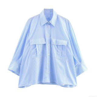 Blue White Striped Long Sleeve Satin Shirt Women Oversized Loose Fit Office Blouse With Dual Pockets Single Breasted Casual Spring Fashion Top