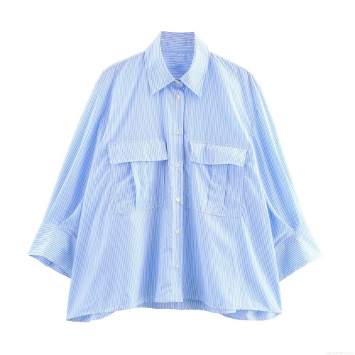 Blue White Striped Long Sleeve Satin Shirt Women Oversized Loose Fit Office Blouse With Dual Pockets Single Breasted Casual Spring Fashion Top