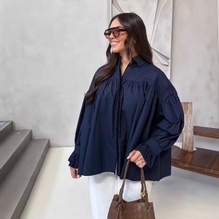 Women's Elegant Pleated Shirt Lapel Long Sleeve Ruffled Cuff Blouse Oversized Solid Color Polyester Top for Daily Commute Office Lady Women's Elegant Pleated Shirt Lapel Long Sleeve Ruffled Cuff Blouse Oversized Solid Color Polyester Top for Daily Commute Office Lady