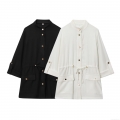 Women's Casual Linen Blend Safari Style Shirt Jacket Drawstring Waist Fashion Solid Color Long Sleeve Blouse With Metal Buttons And Pockets For Vacation