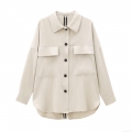 Women's French Design Shirt Jacket Mid-long Polyester Twill Blouse Long Sleeve Solid Color Pocket Top Casual Single-breasted Coat Apricot Minimalist Workwear For Ladies