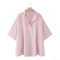 Women's 100% Cotton Striped Blouse Fashion Loose V-Neck Poncho Style Short Sleeve Shirt Casual Summer Tops For Women