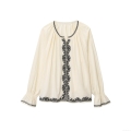 Women Vintage Embroidered Blouse Cotton Linen Blend Long Sleeve Round Neck Shirt Ruffle Cuff Loose Casual Top Cream Off-White