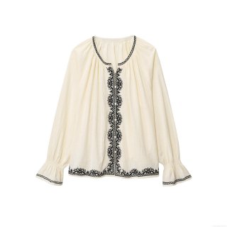 Women Vintage Embroidered Blouse Cotton Linen Blend Long Sleeve Round Neck Shirt Ruffle Cuff Loose Casual Top Cream Off-White