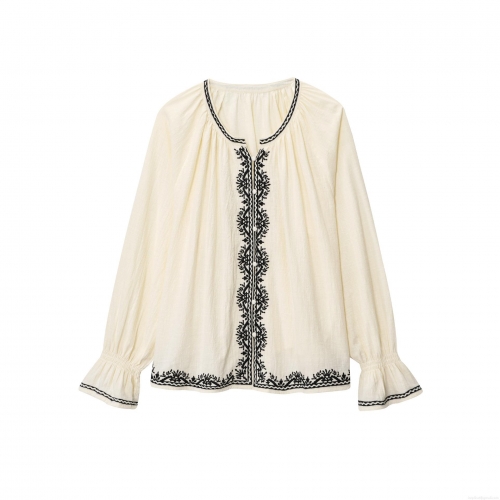 Women Vintage Embroidered Blouse Cotton Linen Blend Long Sleeve Round Neck Shirt Ruffle Cuff Loose Casual Top Cream Off-White