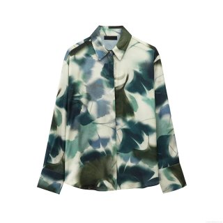 Women's Long Sleeve Shirt Elegant Satin Polyester Abstract Floral Leaf Print Socialite Chic Lapel Button Down Blouse For Office Casual Party Ladies Trendy Tops