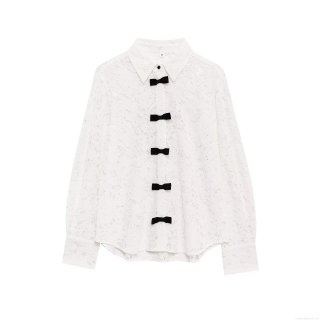 Women Elegant Hollow Out Lace Blouse Shirt With Black Bow Decorations Polyester Long Sleeve Single-Breasted Shirt Collar Top For Party Date Wedding Season Sweet Style