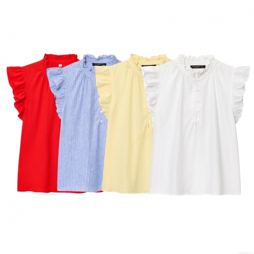 Women's Elegant Ruffle Short Sleeve Blouse Stand Collar Button Down Shirt 100% Polyester Cotton Feel Summer Casual Solid Striped Tops for Lady