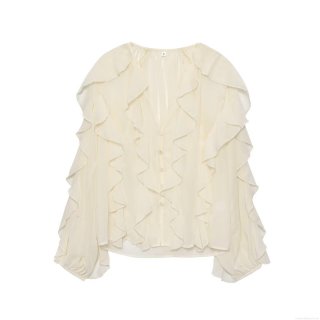 Women Elegant Ruffle Chiffon Blouse V Neck Long Sleeve Solid Color Lantern Sleeve Shirt Tops For Vacation Party Ladies Fashion