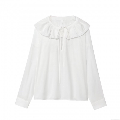 Women's Elegant Ruffle Tie-Neck Blouse Long Sleeve Slub Cotton Polyester Shirt Solid Color V-Neck Slimming Pullover Top For Casual Party Office
