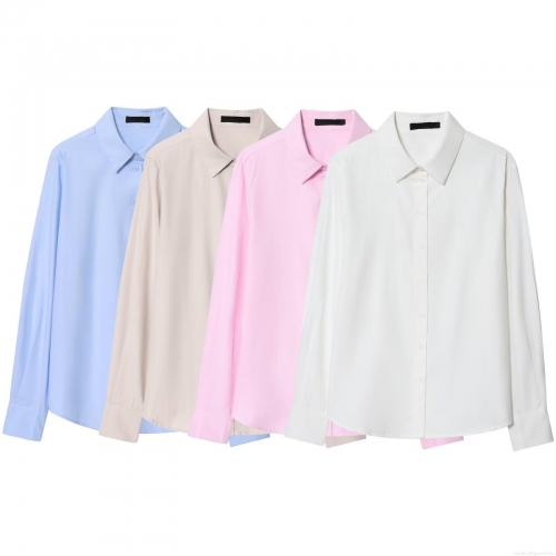 Women Long Sleeve Shirt Polyester Solid Color Turn-down Collar Button Down Blouse For Office Work Casual Elegant Fashion Lady Top