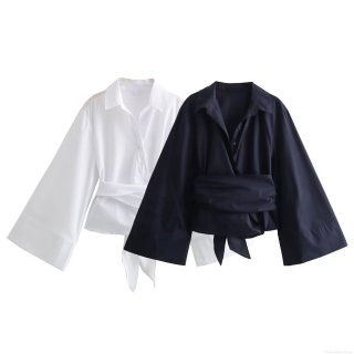 Elegant Women's Solid Color TC Poplin Shirt Long Sleeve Wide Cuffs Waist Tie Blouse For Daily Office Casual Wear Stylish Lapel Top