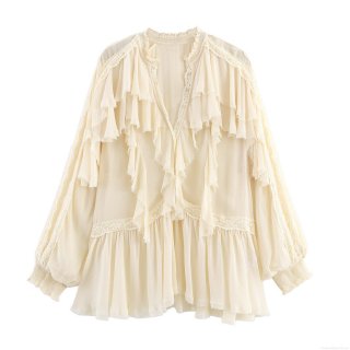 Women's Lace Splicing V Neck Blouse Ruffle Layered Long Sleeve Shirt Elegant Chiffon Polyester Top For Office Party Dating Lady Fashion Retro Style