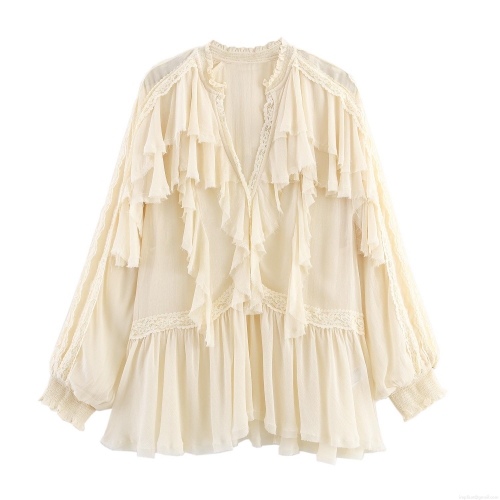 Women's Lace Splicing V Neck Blouse Ruffle Layered Long Sleeve Shirt Elegant Chiffon Polyester Top For Office Party Dating Lady Fashion Retro Style