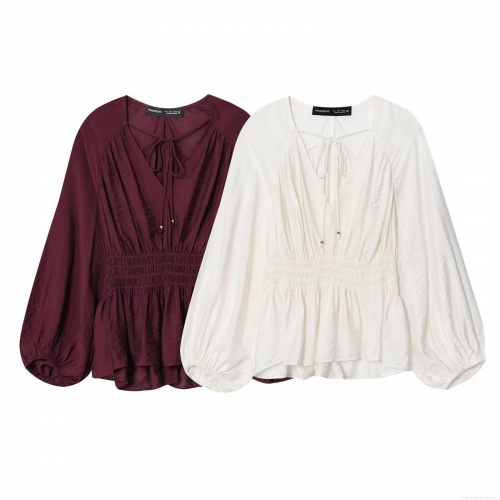 Women's Elegant V Neck Lantern Sleeve Pleated Blouse Shirt With Tie Front Smocked Waist Ruffle Hem Casual Fashion Tencel Cotton Polyester Tops