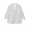 Women Fashion Polka Dot Blouse V Neck Long Sleeve Roll Up Shirt With Pearl Buttons Casual Office Wear Elegant White Black Printed Tops