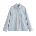Women's Casual Solid Color Long Sleeve Button Down Shirt Blouse with Double Chest Pockets Workwear Style 100% Polyester Top for Ladies