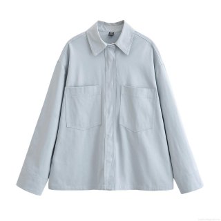 Women's Casual Solid Color Long Sleeve Button Down Shirt Blouse with Double Chest Pockets Workwear Style 100% Polyester Top for Ladies