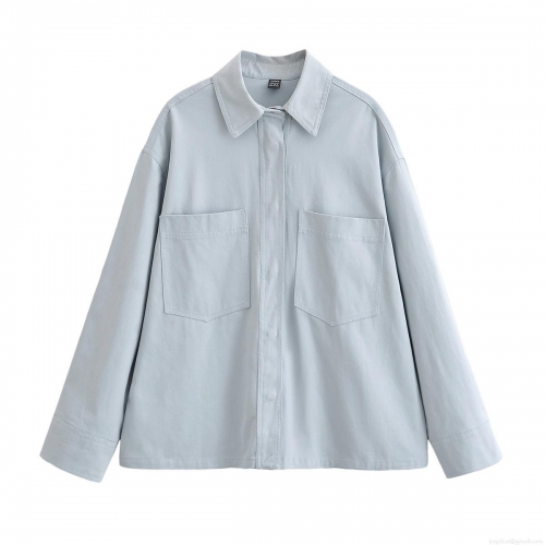 Women's Casual Solid Color Long Sleeve Button Down Shirt Blouse with Double Chest Pockets Workwear Style 100% Polyester Top for Ladies