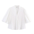 Women's Elegant Eyelet Embroidery Blouse V Neck Puff Sleeve Cotton Blend Top Casual Summer Hidden Button Shirt Sweet Retro Style for Women