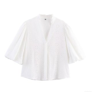Women's Elegant Eyelet Embroidery Blouse V Neck Puff Sleeve Cotton Blend Top Casual Summer Hidden Button Shirt Sweet Retro Style for Women