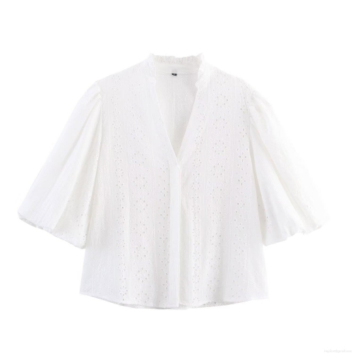 Women's Elegant Eyelet Embroidery Blouse V Neck Puff Sleeve Cotton Blend Top Casual Summer Hidden Button Shirt Sweet Retro Style for Women