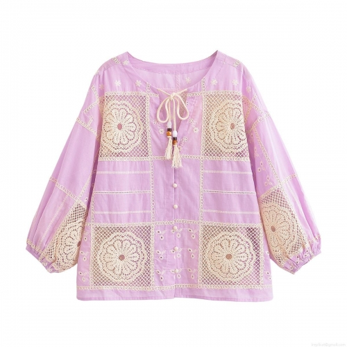 Women's Bohemian Lavender Purple Blouse 100% Polyester Floral Embroidery Hollow Out Lace Shirt V-Neck Tassel Drawstring Long Sleeve Top For Vacation
