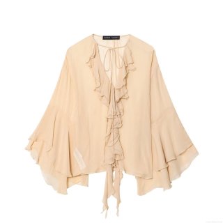 Women's Elegant V Neck Ruffle Blouse Flared Long Sleeve Chiffon Shirt Tie Front Casual Pullover Top Solid Color Lightweight Breathable Spring Autumn Fashion Clothing