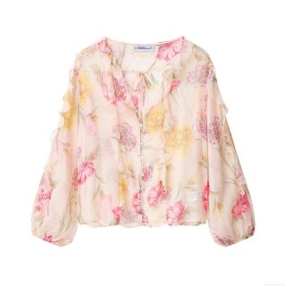 Women's Floral Chiffon Blouse Elegant V-Neck Ruffle Long Sleeve Shirt Lantern Sleeve Semi-Transparent Lightweight Tops For Daily Dating Vacation