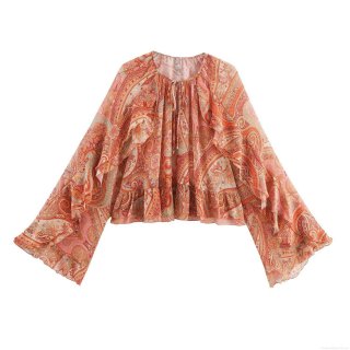 Women's Bohemian Paisley Print Chiffon Blouse Vintage Flare Sleeve Ruffle Hem V-Neck Tie Front Summer Beach Vacation Ethnic Style Lightweight Tops
