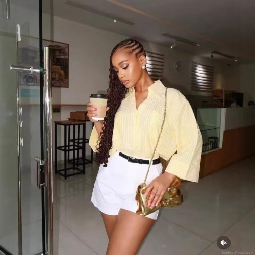 Women's Casual Yellow White Striped V-Neck Blouse Shirt With Dual Patch Pockets Wide Sleeve Button Down Loose Fit Spring Fashion Top For Ladies
