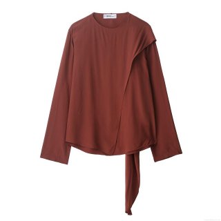 Women's Casual Round Neck Long Sleeve Blouse 100% Polyester Solid Color Loose Fit Top With Tie-Neck And Asymmetric Layered Detail For Daily Streetwear