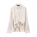 Women Elegant Satin Long Sleeve Shirt Tied Knot Waist Button Down Blouse Silk-like Texture Solid Color Tops For Daily Party Office Fashion Socialite Apparel