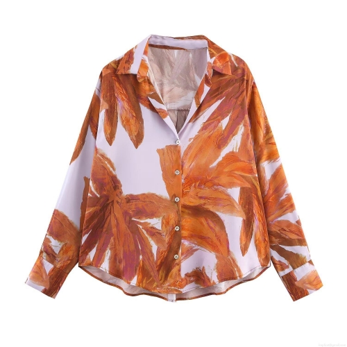 Women's Elegant Satin Texture Floral Print Shirt Lapel Long Sleeve Single-Breasted Blouse Casual Socialite Tops For Daily Dating
