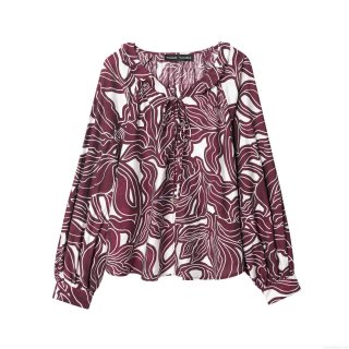 Women Elegant Ruffle V-Neck Long Sleeve Floral Print Blouse Fashionable Tie Front Polyester Top Stylish Comfortable Daily Wear Casual Shirt