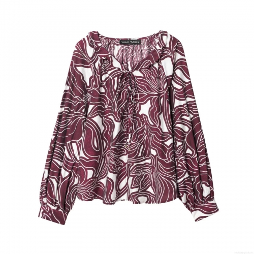 Women Elegant Ruffle V-Neck Long Sleeve Floral Print Blouse Fashionable Tie Front Polyester Top Stylish Comfortable Daily Wear Casual Shirt
