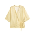 Women's Striped Kimono Style Tie Front Blouse V Neck Butterfly Bow Waist Casual Half Sleeve Wrap Top Summer Vacation Shirt