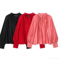 Women's Elegant Satin V Neck Blouse Long Lantern Sleeve Pleated Top With Pearl Button Cuffs Solid Color Loose Casual Shirts For Women Office Daily Wear