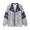 Women's Floral Print Blouse Polyester V-Neck Tie-Up Long Sleeve Shirt Bohemian Retro Casual Patchwork Top Elegant Floral Patterned Blouse For Summer Vacation