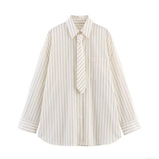 Women Striped Shirt With Matching Tie Long Sleeve Loose Fit Polyester Poplin Blouse Retro Academic Style Casual Office Ladies Tops
