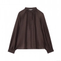 Women's Elegant Stand Collar Long Sleeve Blouse Pleated Texture Polyester Tencel Shirt Solid Coffee Color Retro Puff Sleeve Top For Dating Party Office