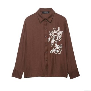 Women Elegant Floral Embroidery Blouse Textured Long Sleeve Button Down Shirt Polyester Fabric Top For Daily Office Wear