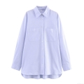 Women's Striped Long Sleeve Button Down Shirt Polyester Blend Casual Blouse With Double Pockets For Office Lady Spring Daily Wear